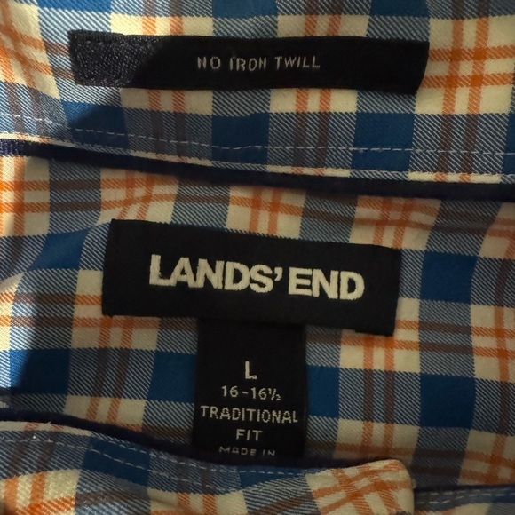 Land’s End Traditional Fit No Iron Twill Shirt Blue Orange Plaid Size Large - Picture 6 of 9